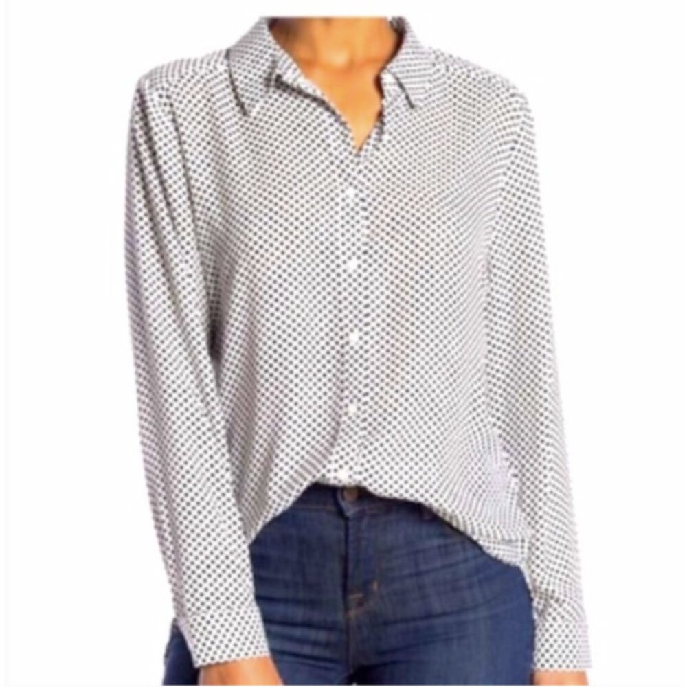 Black and White Polka Dot Button-Up tunic length Shirt